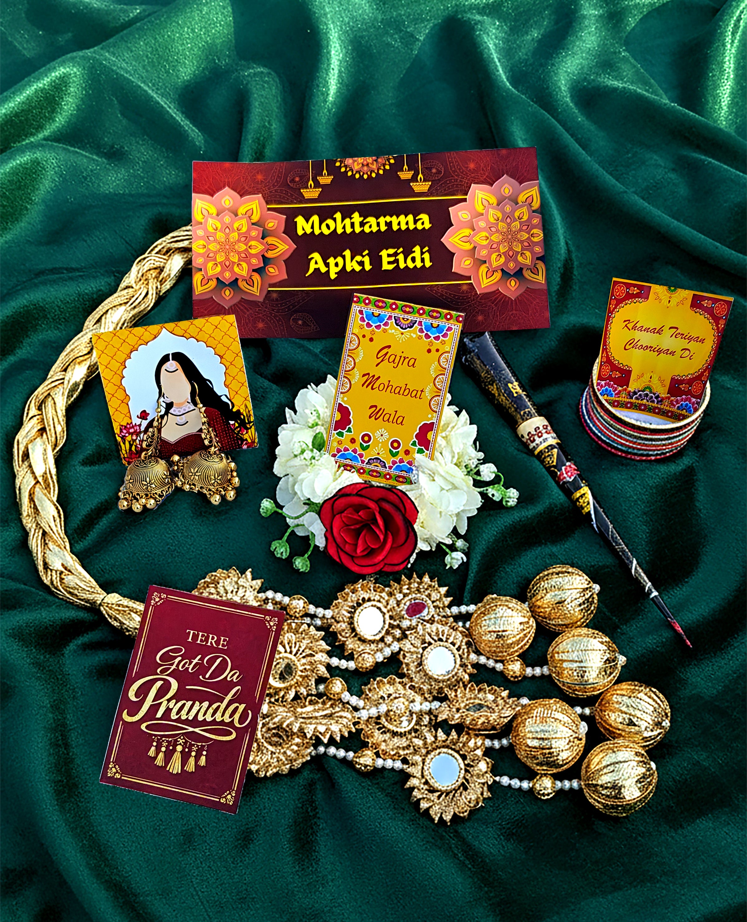 Mohtarma Apki Eidi — Luxury Traditional Eid Gift Set for Her | Golden Mirror Paranda, Jhumki, Bangles, Rose Gajra & Mehndi | Premium Eidi Box for Women