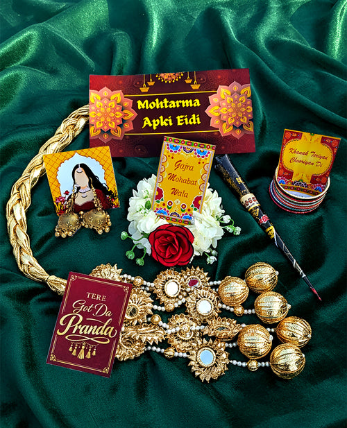 Mohtarma Apki Eidi — Luxury Traditional Eid Gift Set for Her | Golden Mirror Paranda, Jhumki, Bangles, Rose Gajra & Mehndi | Premium Eidi Box for Women