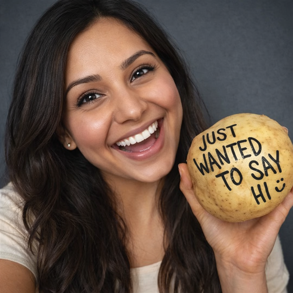 Woman holding a potato with 'Just wanted to say hi' written on it against a gray background