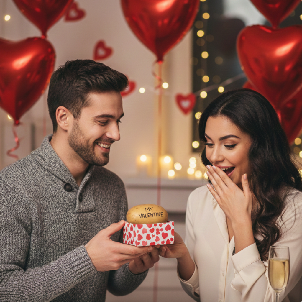 Man presenting a gift to a woman with heart-shaped balloons in the background