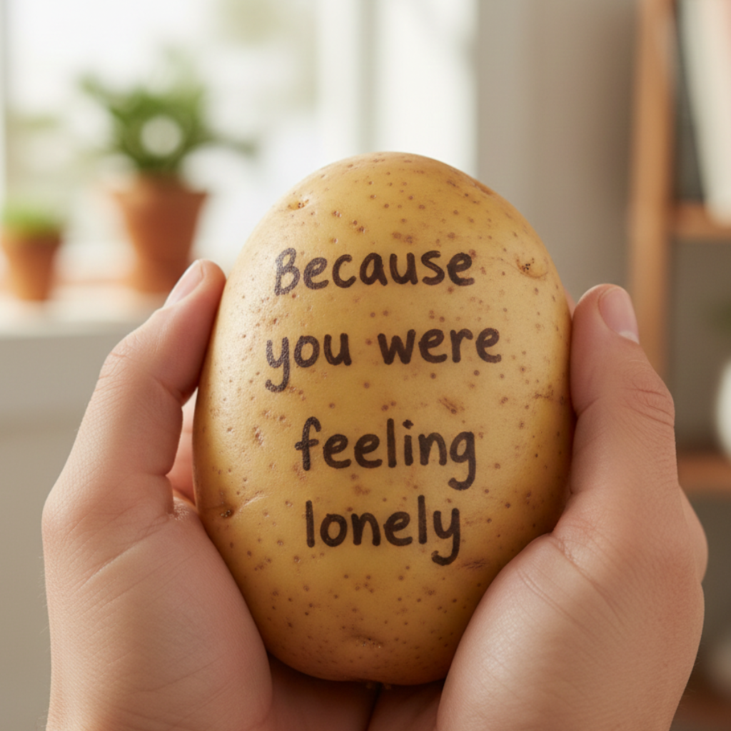 Hand holding a potato with 'Because you were feeling lonely' text, blurred indoor background
