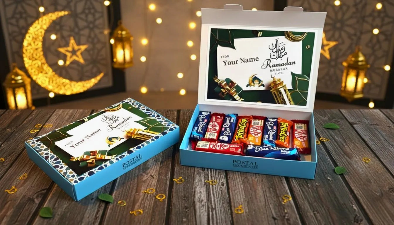 Ramadan Mubarak Chocolate Gift Box – 12 Chocolate Bars Assorted Islamic Sweets Hamper | Ramadan Kareem Gift for Family, Friends & Loved Ones